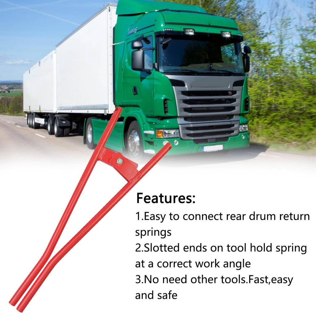 Red truck brake spring tool with slotted ends for holding spring at angle