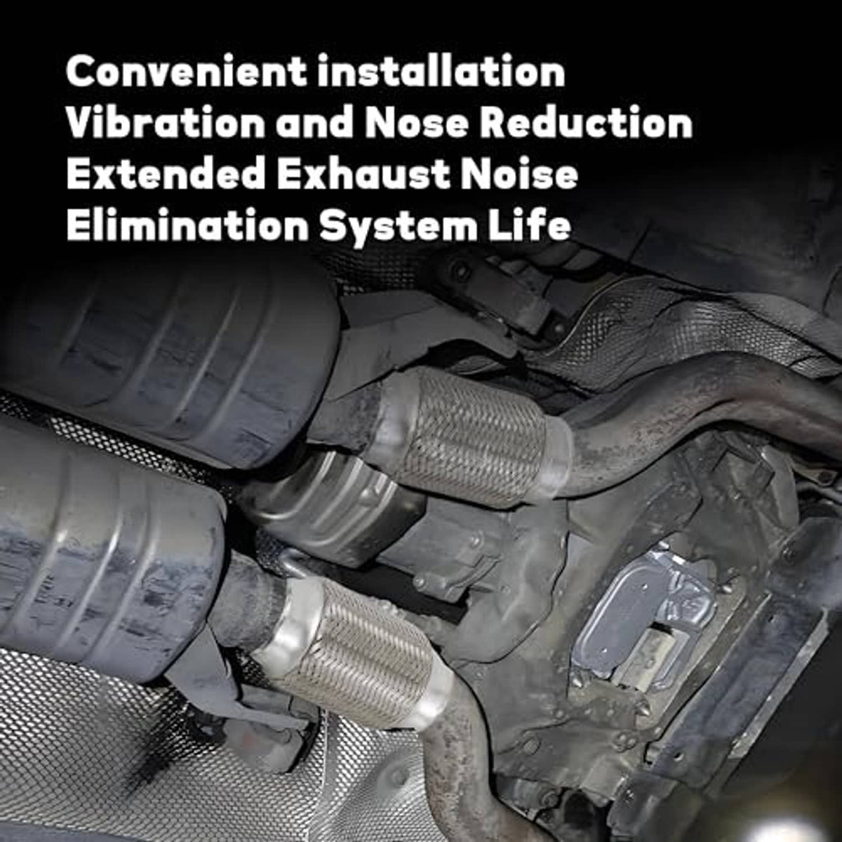 Stainless steel exhaust flex pipe with woven mesh visible undercar near muffler