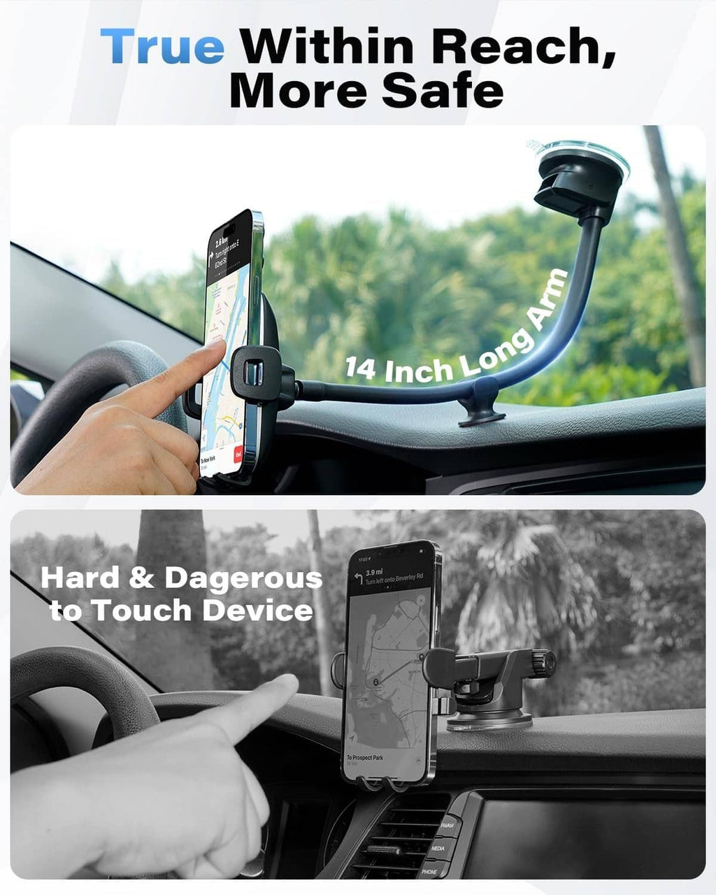 Car phone mount with black clamp, long arm, and suction base holding a smartphone
