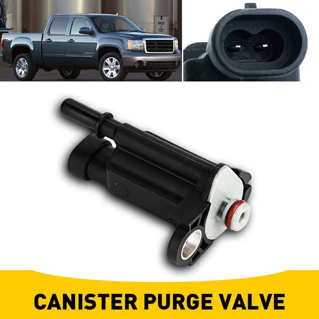 Black canister purge solenoid valve with gray base and visible outlet connector