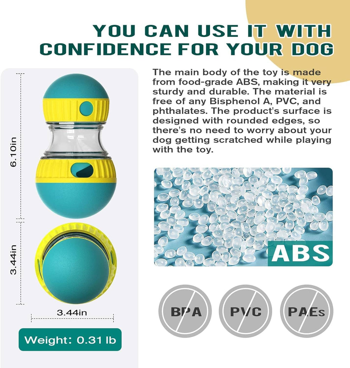 Teal and yellow dog treat dispensing ball toy with clear center and rounded edges