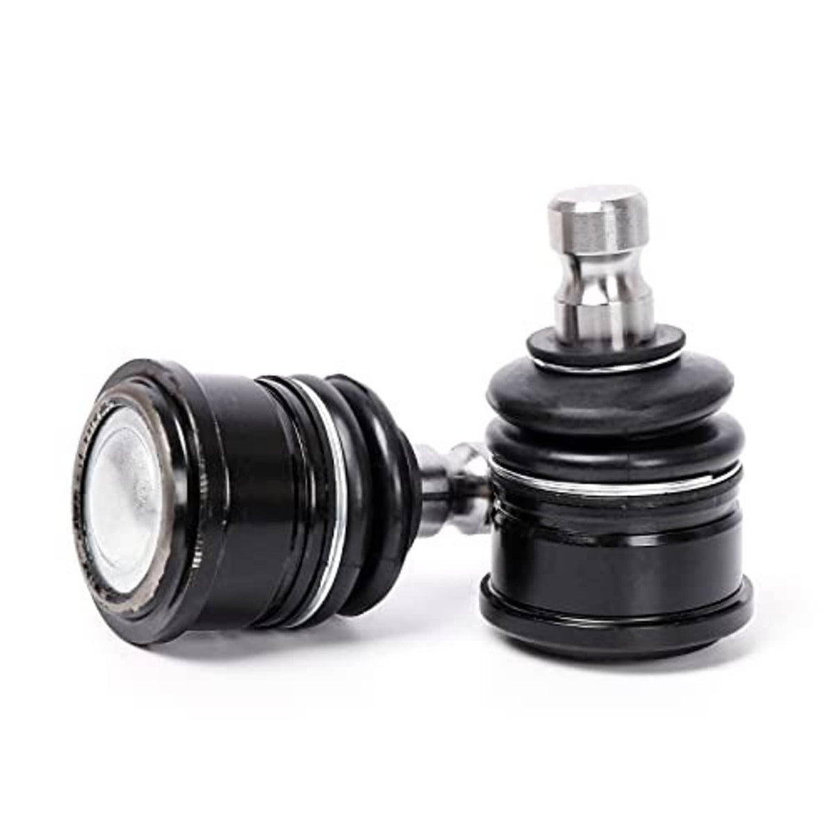 Two black rubber boot ball joints with metal studs and shafts