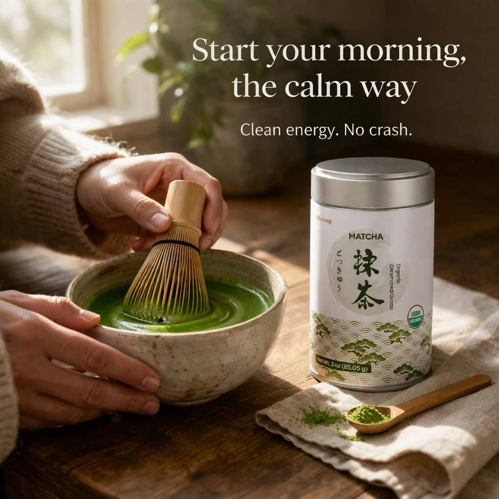 Matcha tin with hands whisking green tea in a ceramic bowl and matcha powder beside