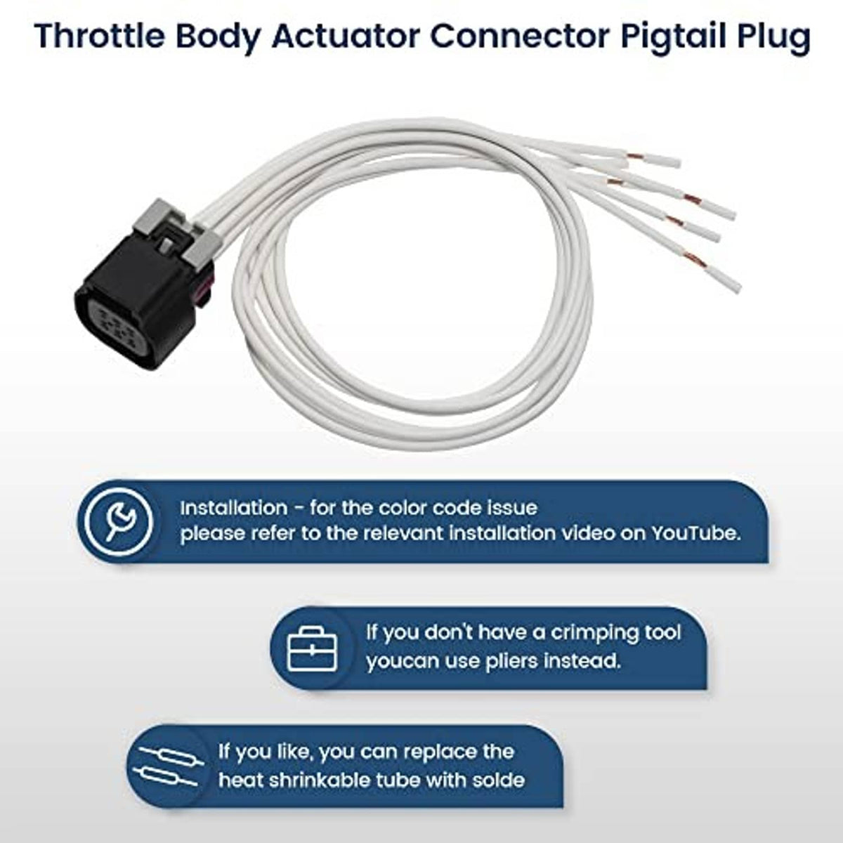 Throttle body actuator connector pigtail plug with black housing and white wire leads