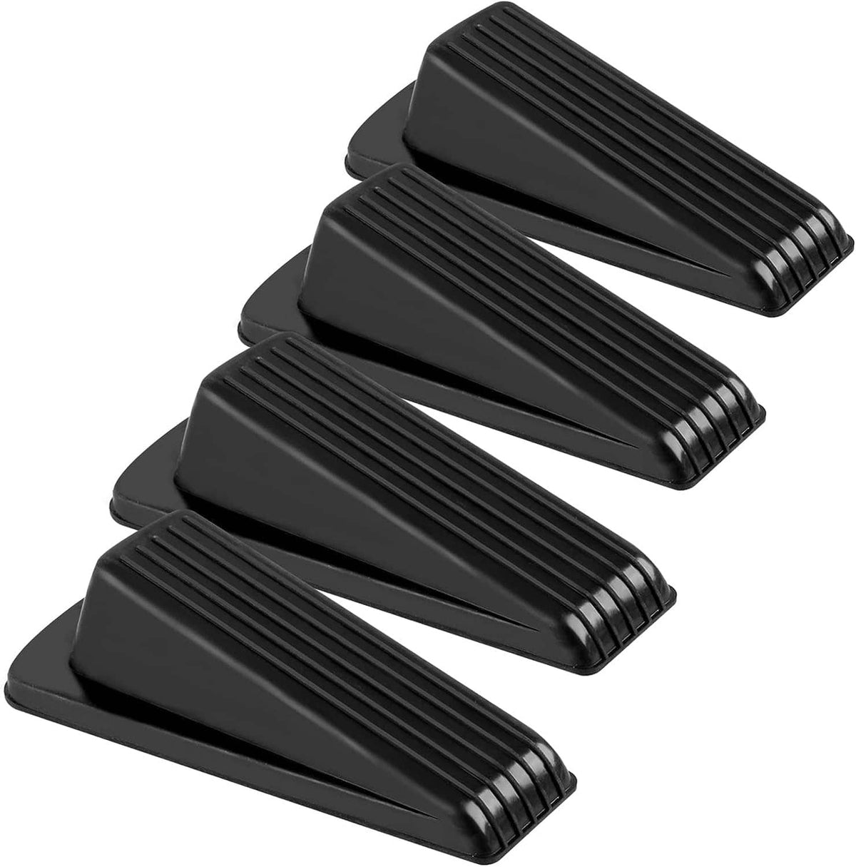 Four black rubber door stopper wedges with ridged tread for grip under doors.