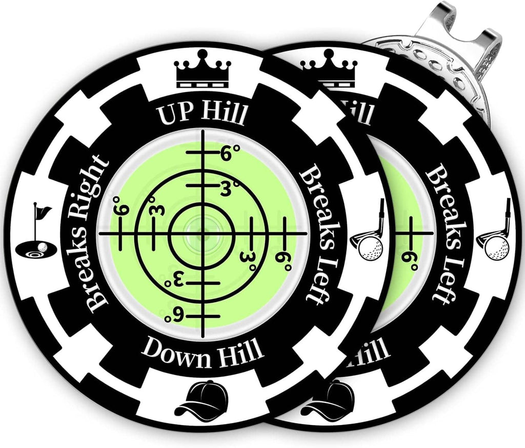 Golf ball marker reader with green bubble level inside black-and-white chart design