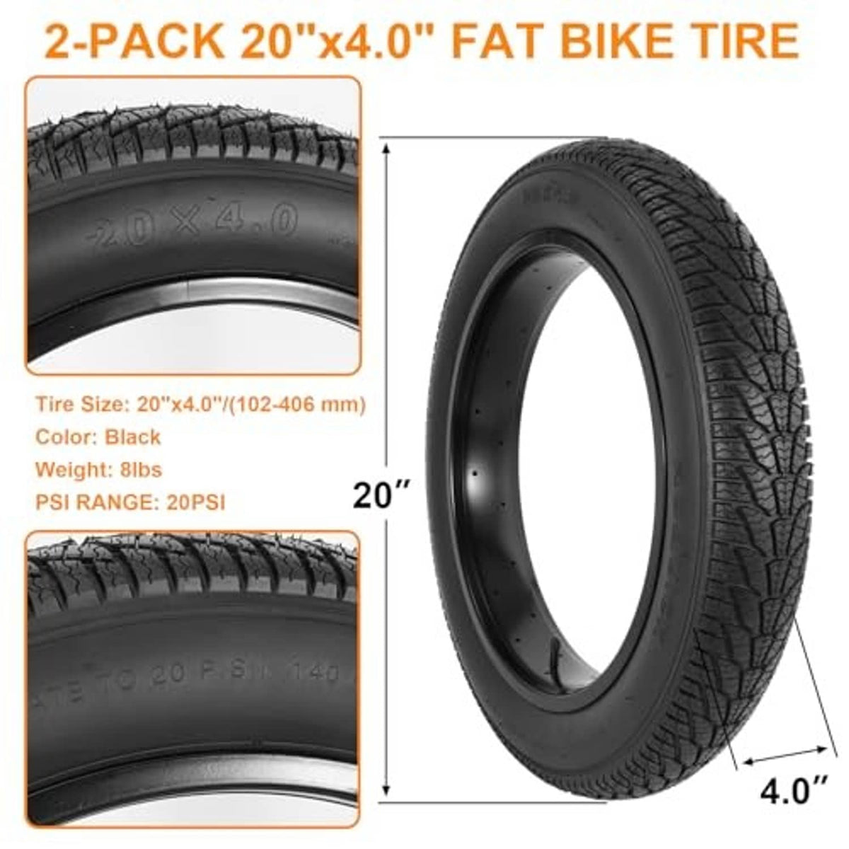 Black 20x4.0 fat bike tire, single tire view with thick tread and sidewall