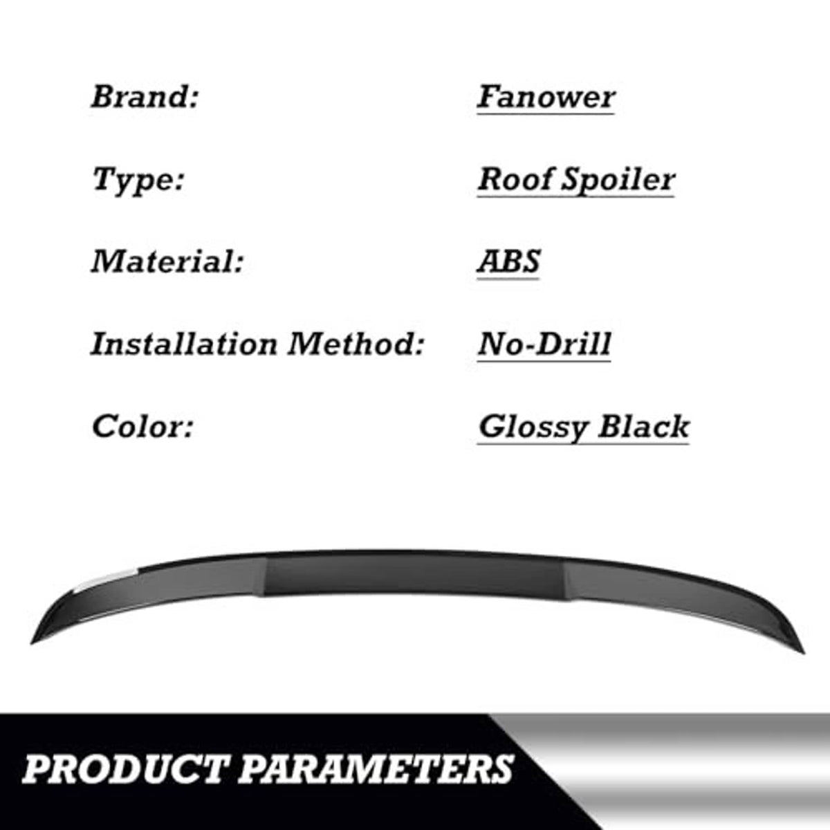 Glossy black ABS roof spoiler arched panel diagram, no-drill style