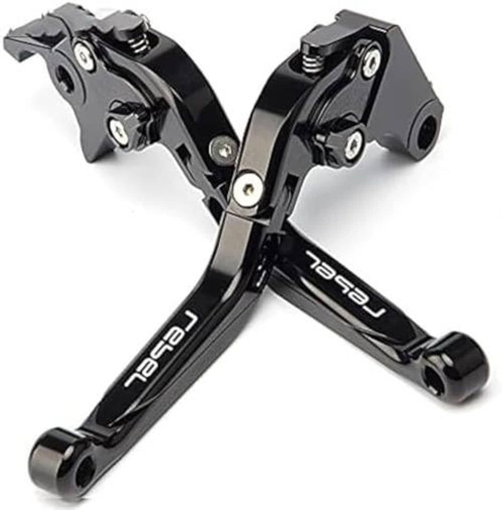 Black folding brake and clutch levers with silver pivot bolts and rubber handle ends