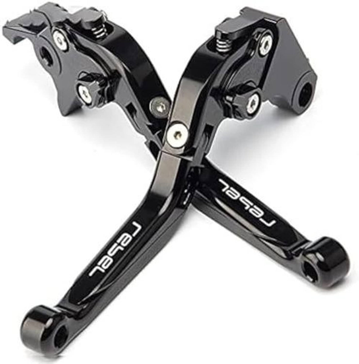 Black folding brake and clutch levers with silver pivot bolts and rubber handle ends