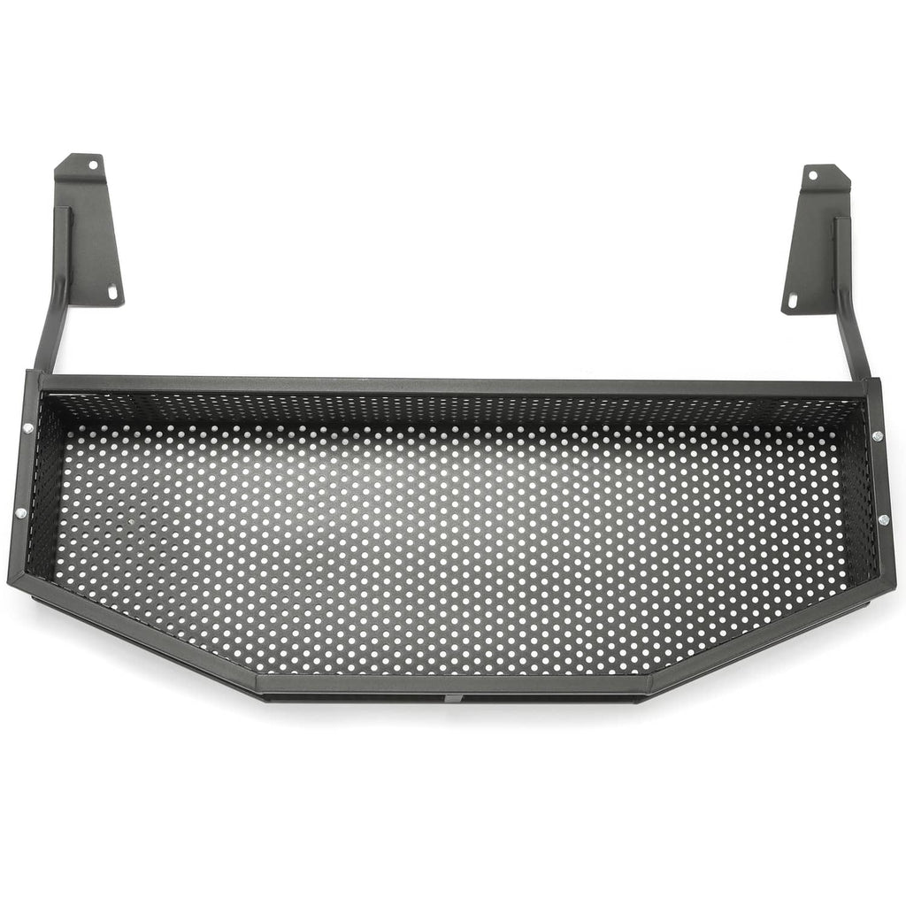 Perforated front storage basket with curved side brackets and black mounting feet