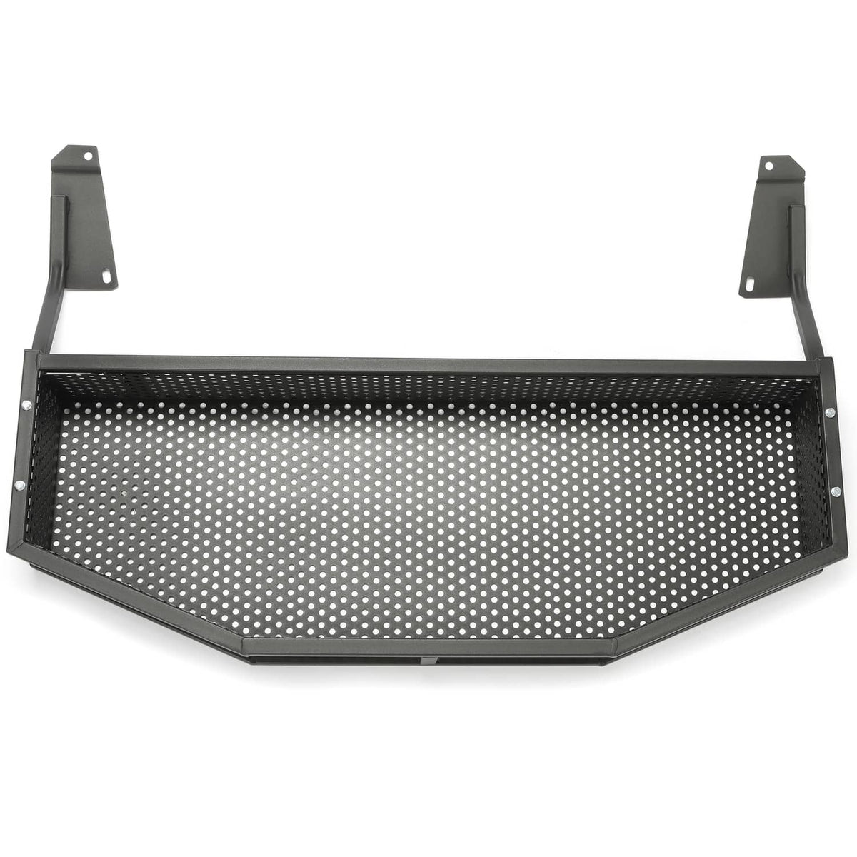 Perforated front storage basket with curved side brackets and black mounting feet