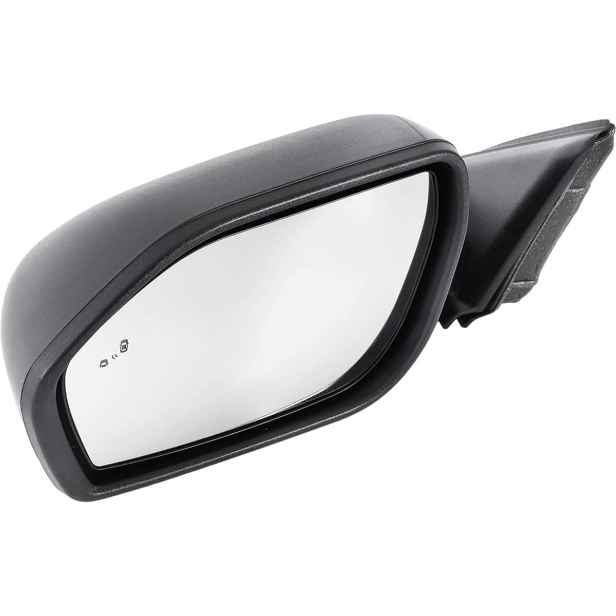Black power side mirror with reflective glass and smooth aerodynamic housing