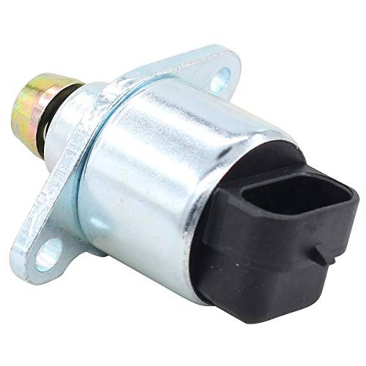 IAC valve with silver metal housing and black electrical connector plug