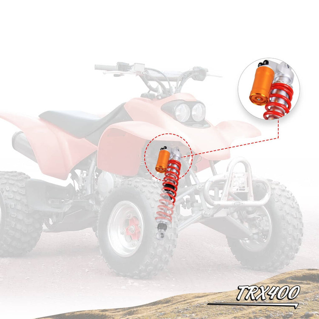 ATV air shock absorber with red coil spring and orange reservoir, close-up inset