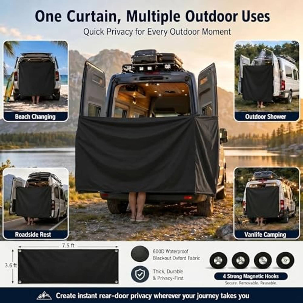 Black rear-door privacy curtain set up over a van back for outdoor shower privacy