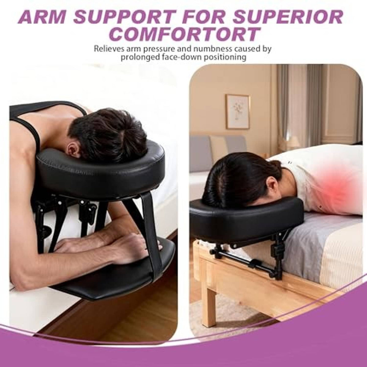 Black padded massage headrest with armrest for face-down bed massage support