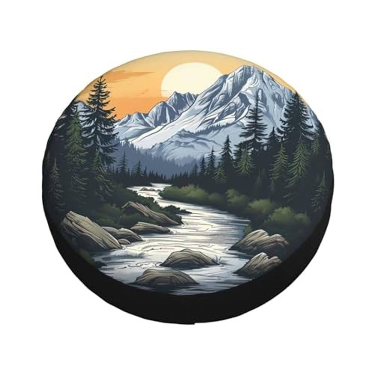 Round black spare tire cover with landscape artwork and large sun scene