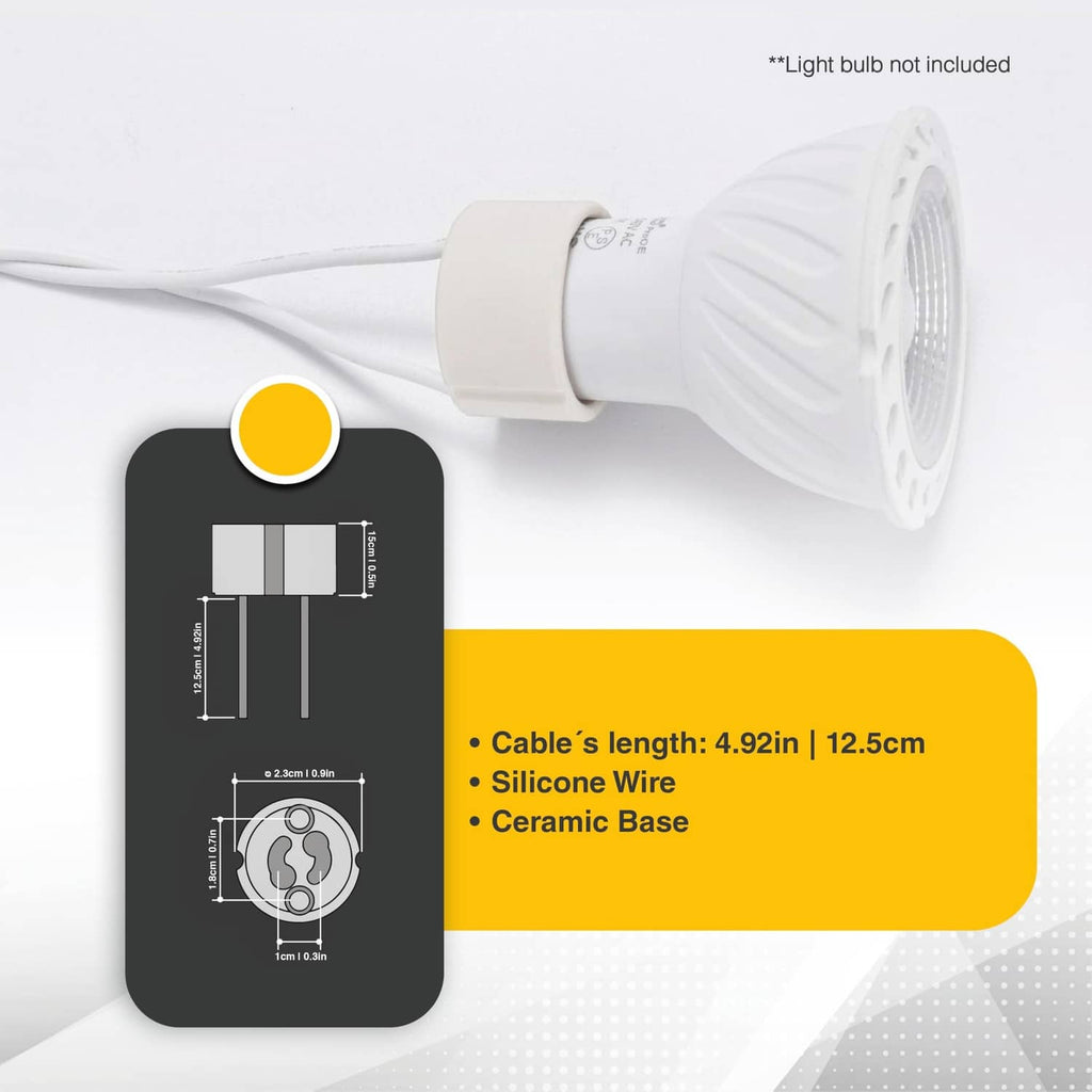 White bi-pin socket adapter with ceramic base and white silicone cable, light bulb not included