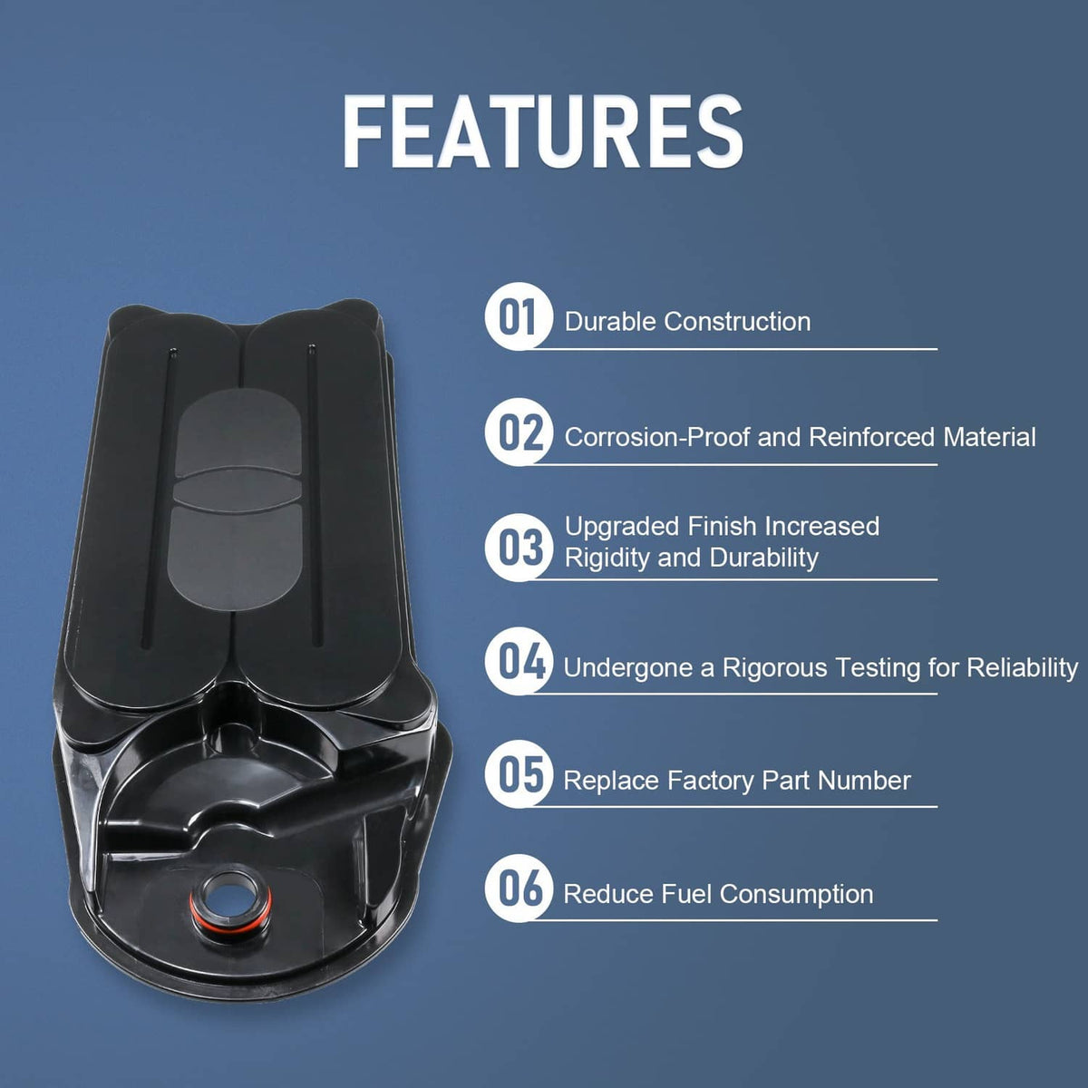 Black crankcase ventilation filter housing with mounting points and round port