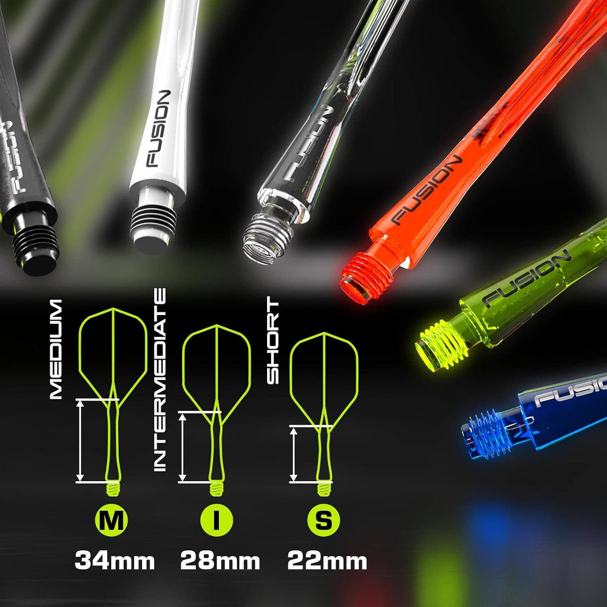 Assorted Fusion darts with colored shafts and standard, intermediate, and short flights