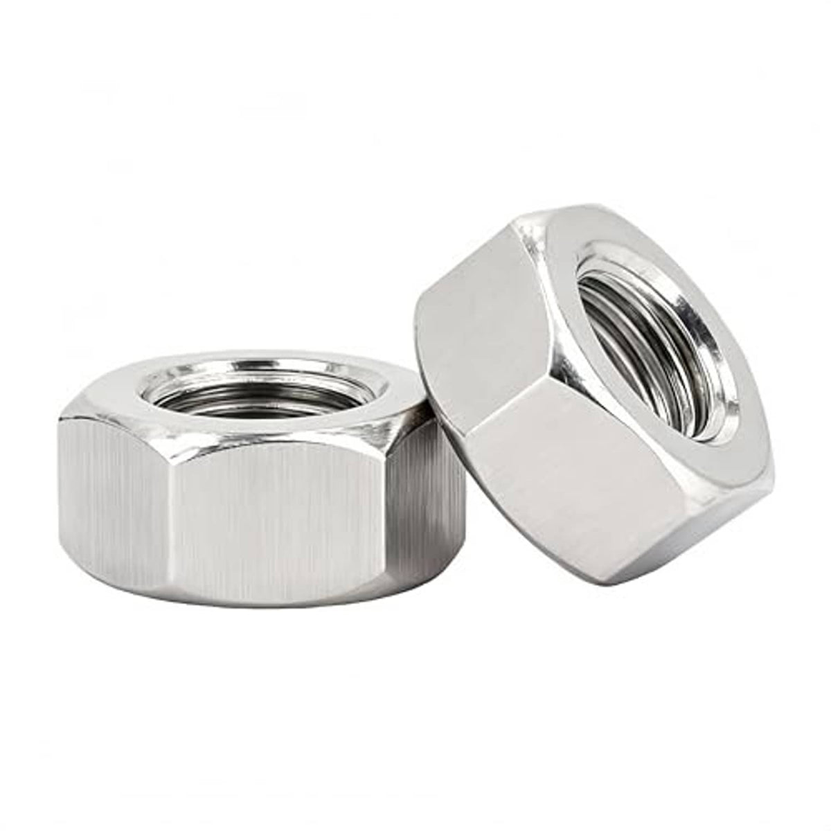 Two stainless hex nuts with 5/16-18 internal threads, polished silver exterior