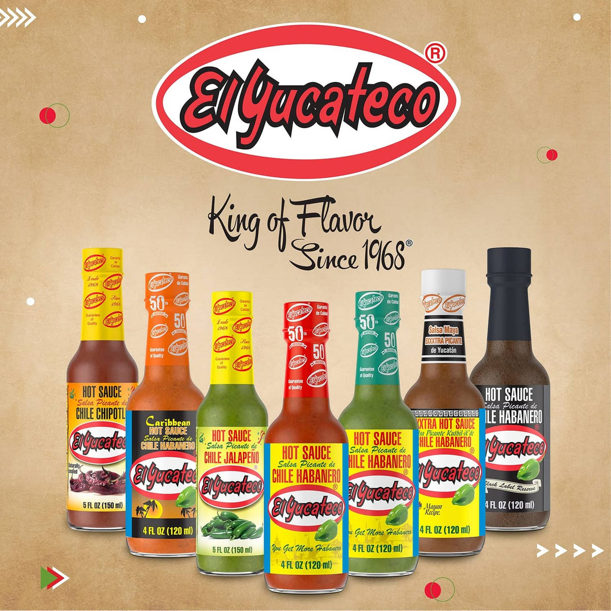 Assorted El Yucateco hot sauce bottles in multiple heat levels