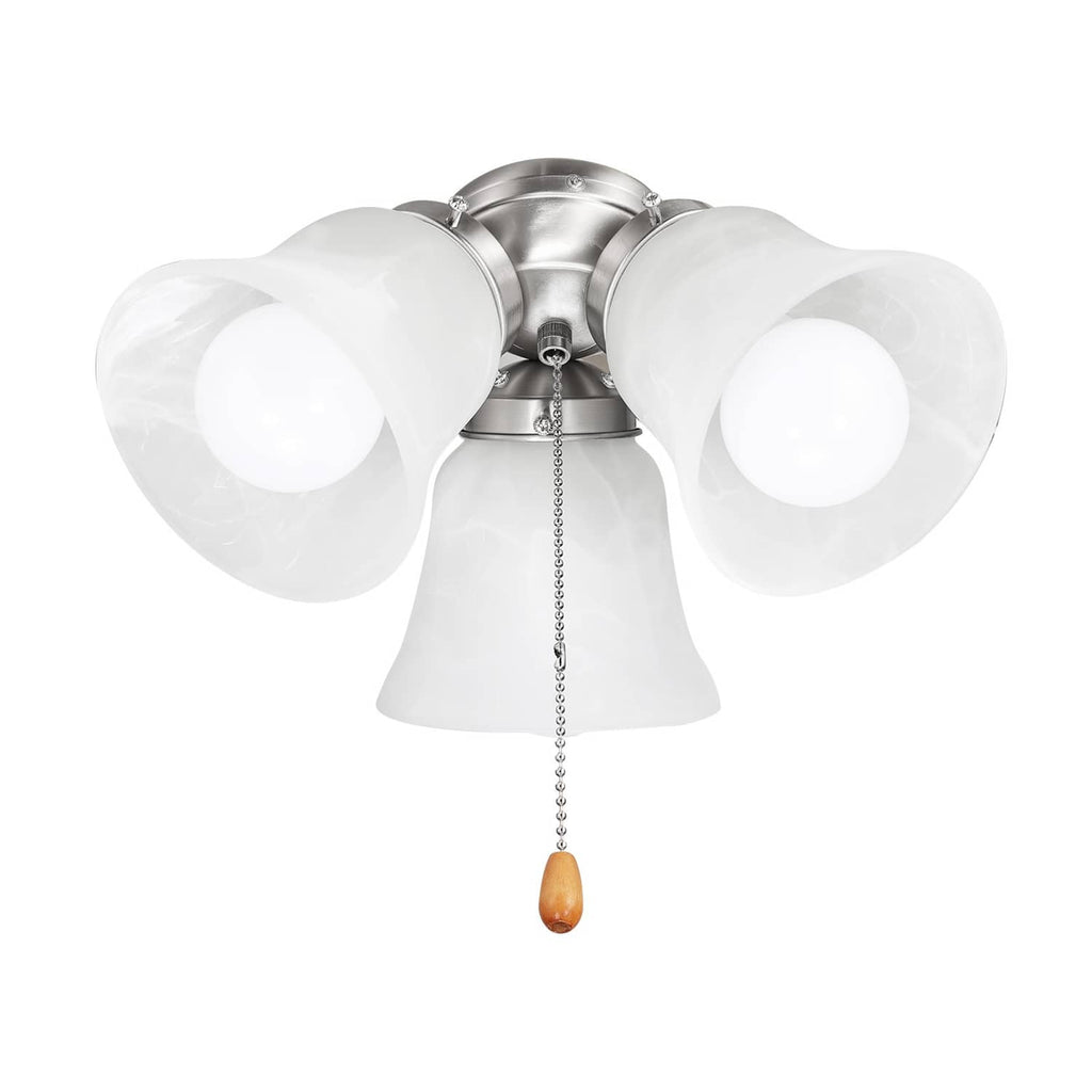 Three-light ceiling fan light kit with frosted glass shades and pull chain