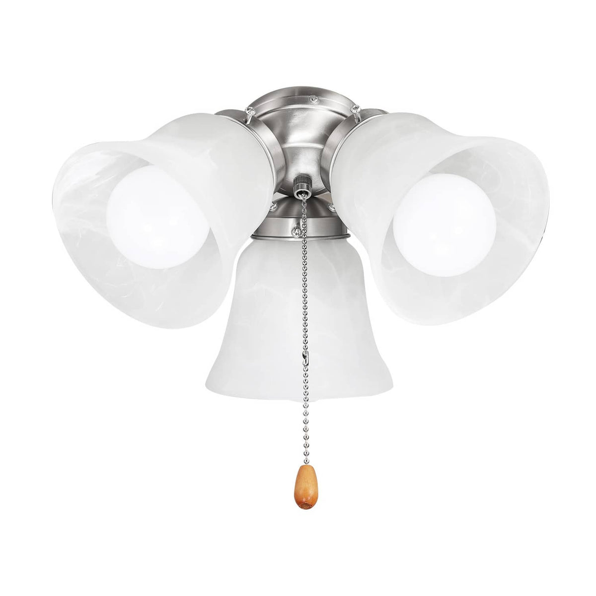 Three-light ceiling fan light kit with frosted glass shades and pull chain