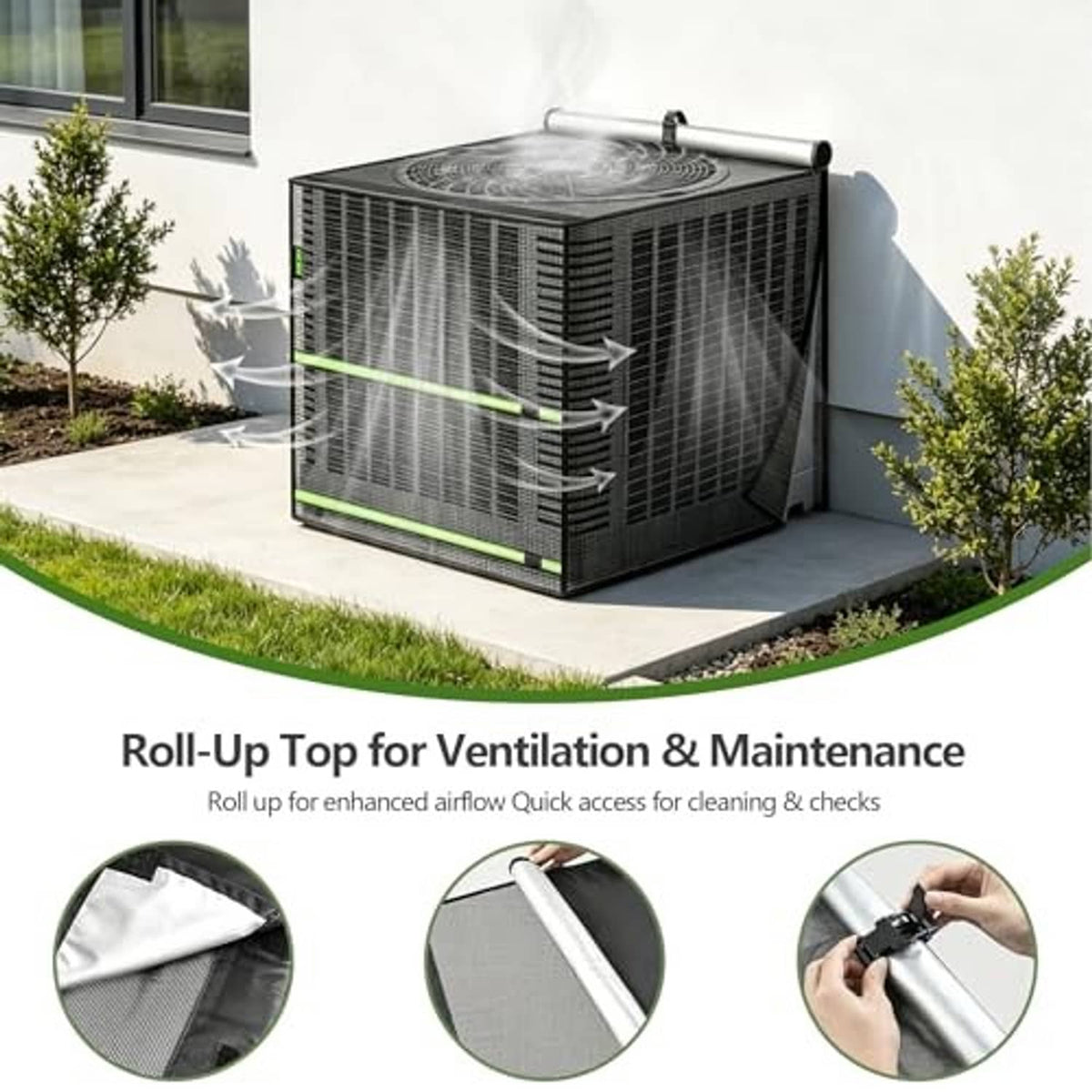 Black mesh outdoor AC cover with roll-up ventilation top and green base stripe