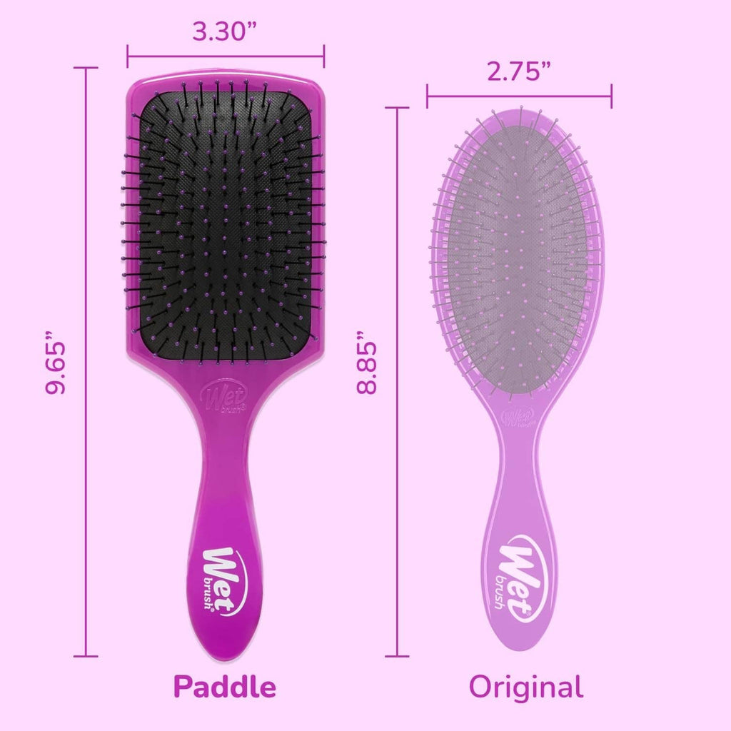 Purple paddle detangler brush size comparison with original brush