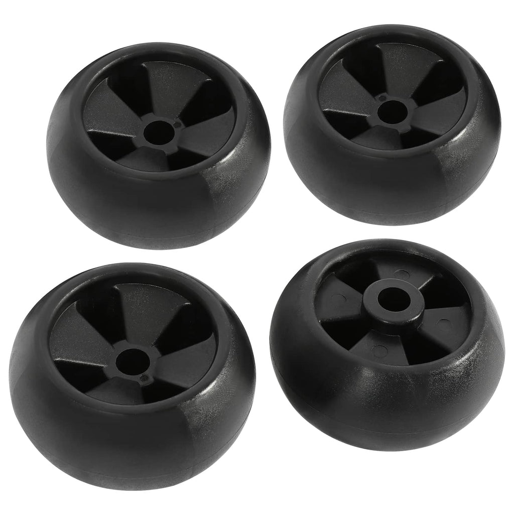 Four black deck wheels with 5-spoke rims and circular center hub opening