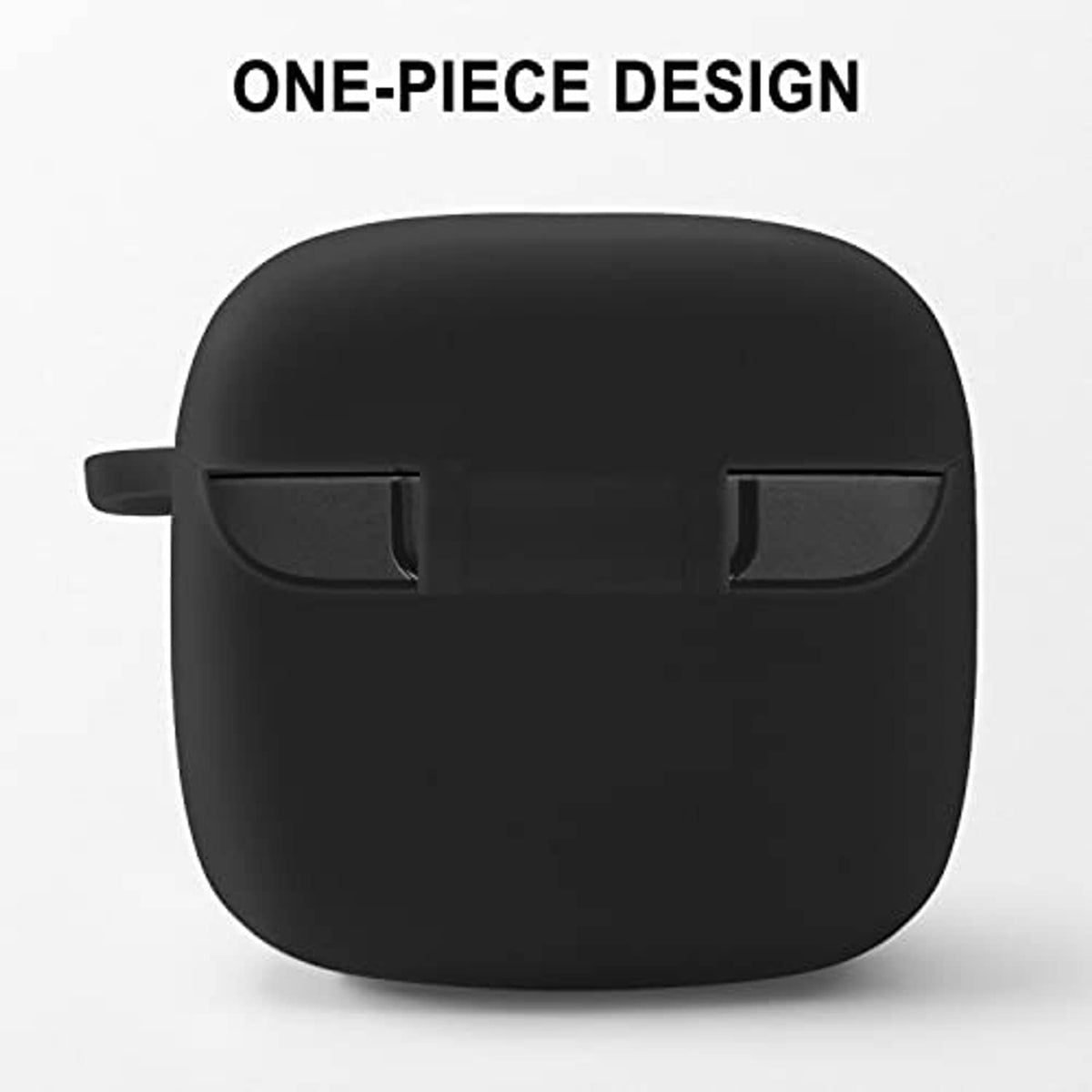 Black one-piece silicone earbud case cover with front strap loop