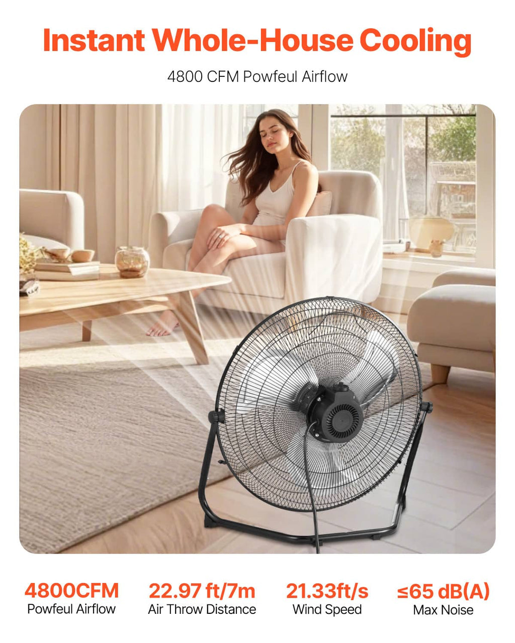 Black floor fan with metal wire grille on a freestanding base
