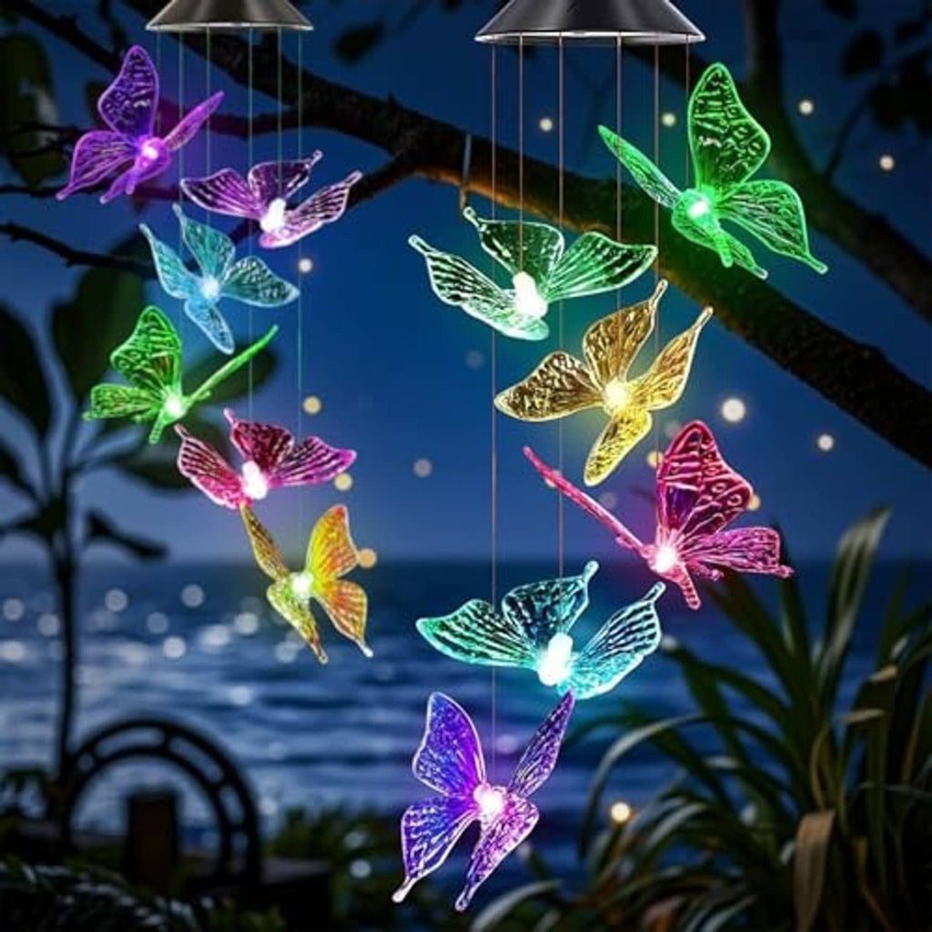 Solar butterfly wind chimes with rotating multi-color LED butterflies suspended