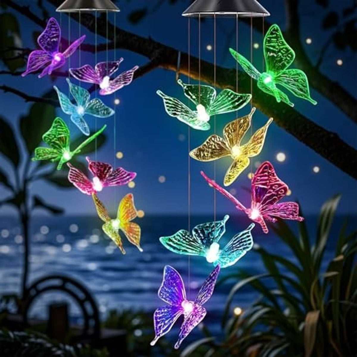 Solar butterfly wind chimes with rotating multi-color LED butterflies suspended