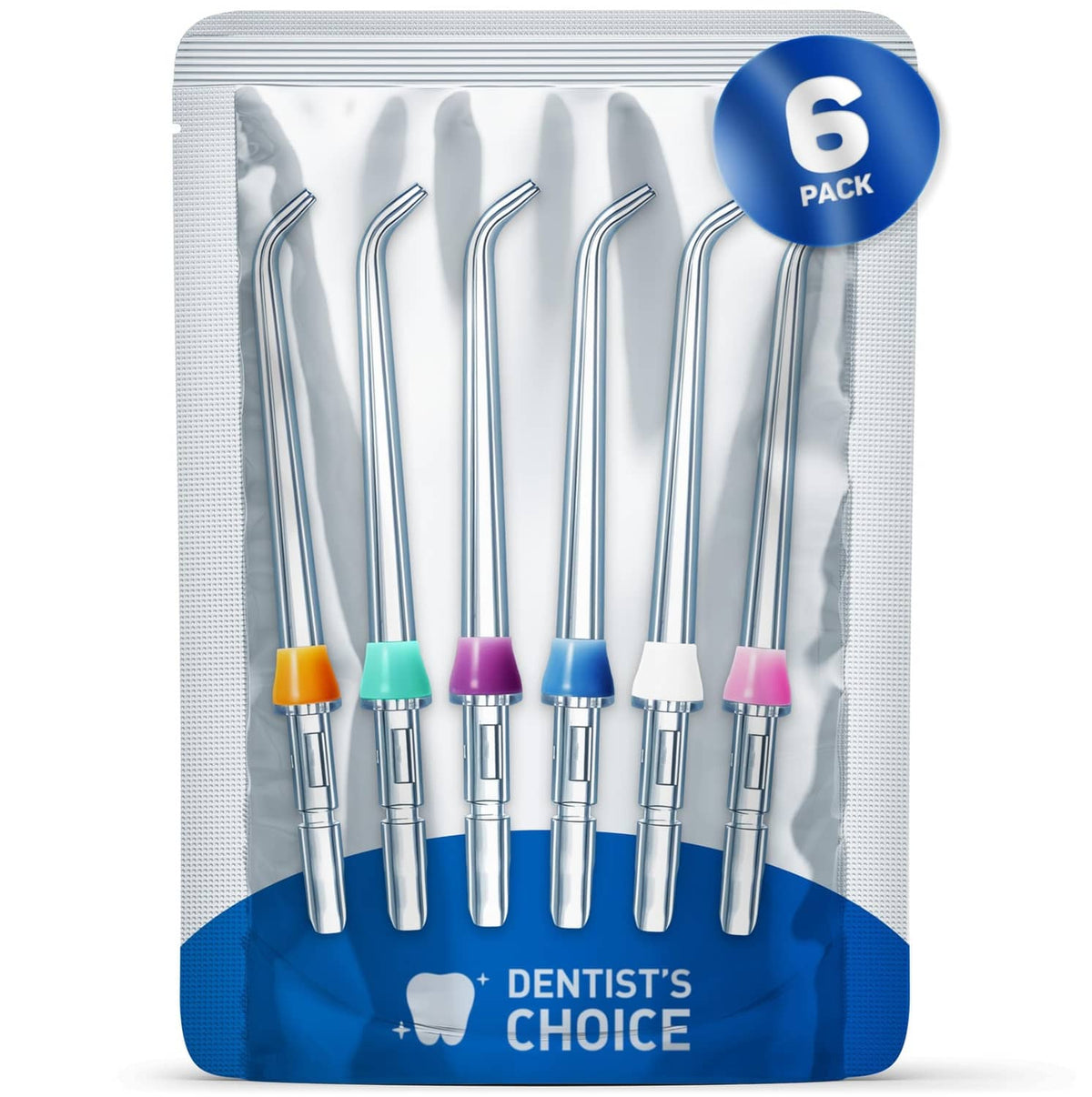 Sealed 6-pack water flosser replacement tips with metal stems and colored end caps