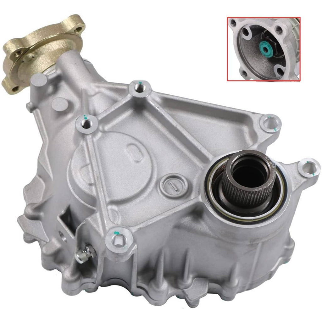 Silver transfer case assembly with black input/output seals and gold mounting flange