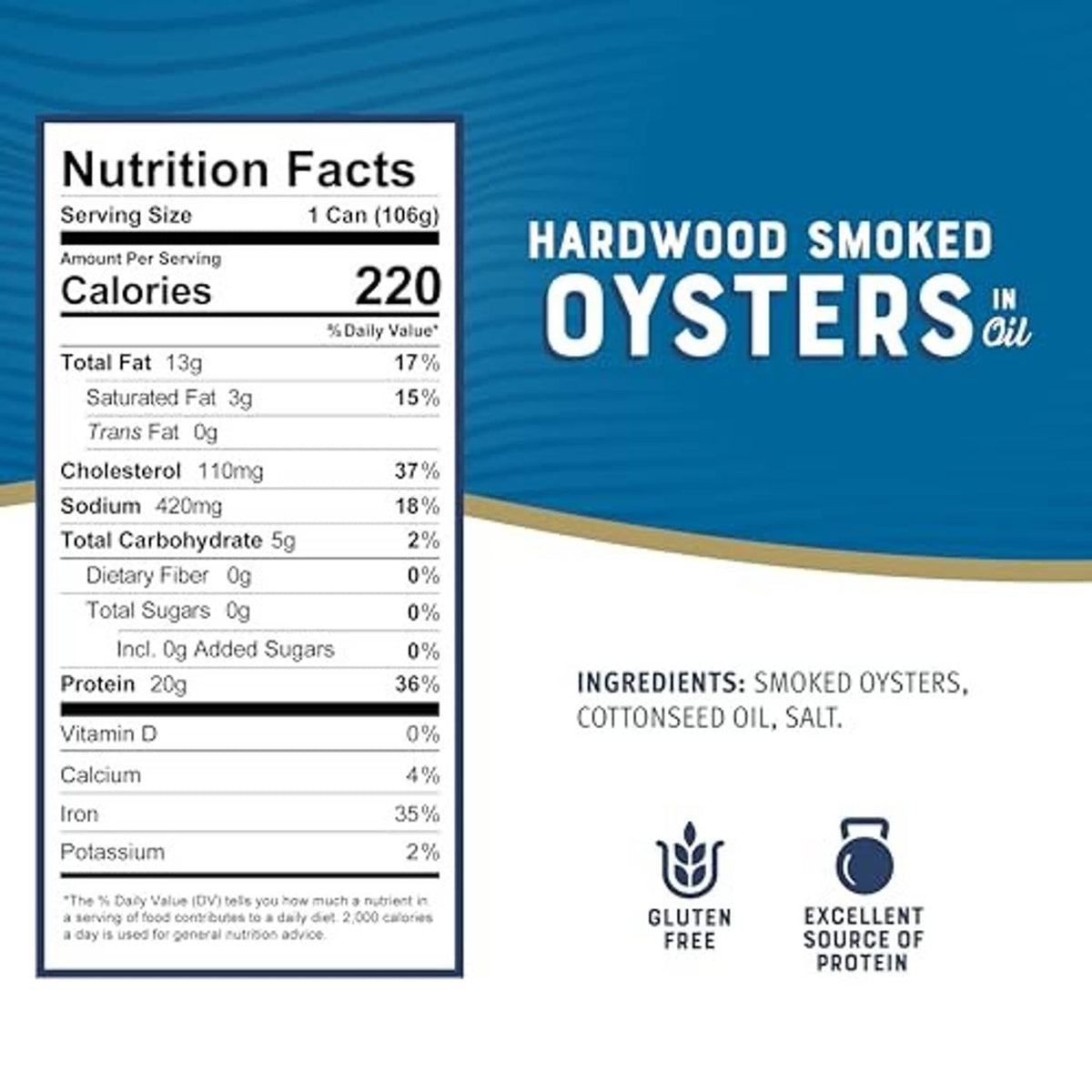 Bumble Bee nutrition facts for hardwood smoked oysters, 1 can (106 g)