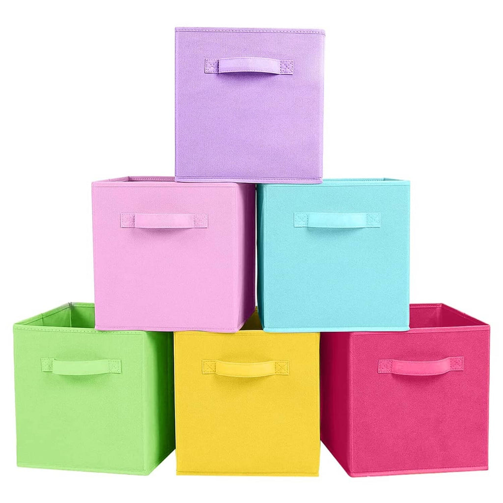 Stack of foldable fabric storage cubes with fabric handles, in assorted colors