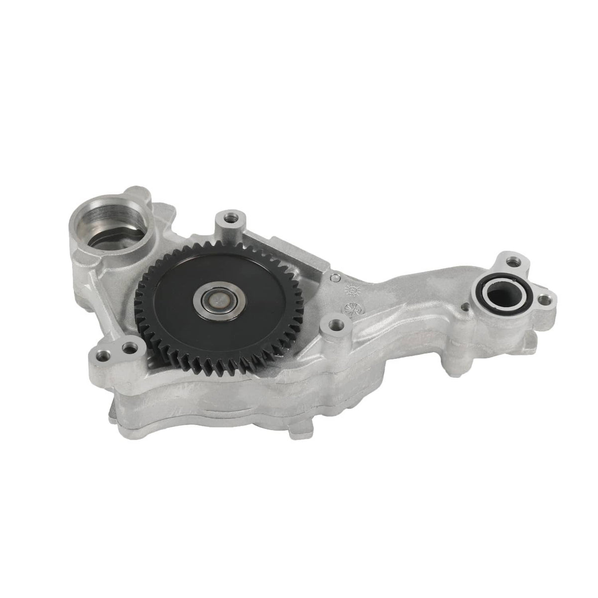 Engine oil pump assembly with black gear wheel, bearing center, and inlet/outlet ports