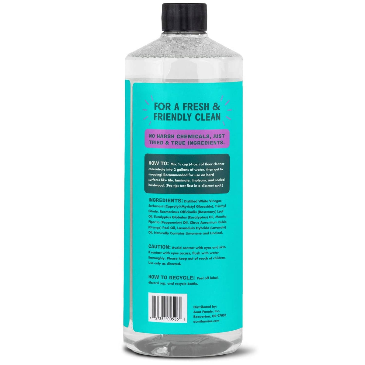 Aunt Fannie's floor cleaner bottle back label with directions, ingredients, cautions