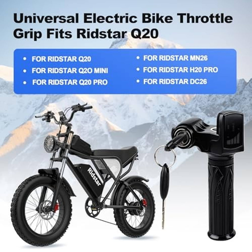 Universal electric bike throttle grip with LCD display and key lock, shown on a bike