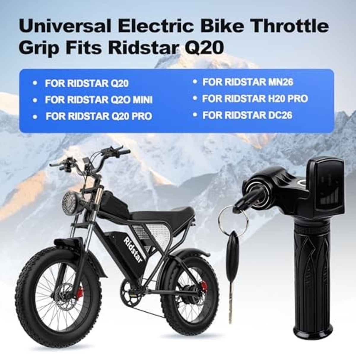 Universal electric bike throttle grip with LCD display and key lock, shown on a bike