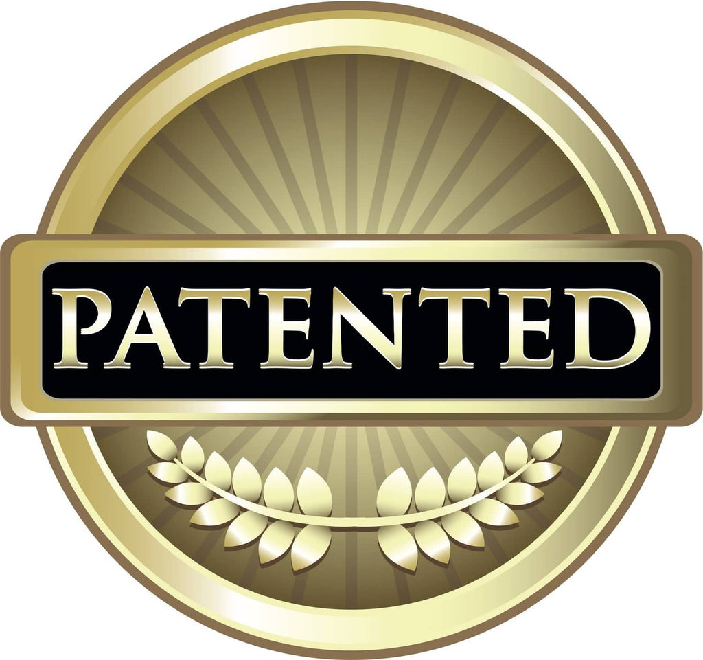 Gold patterned badge reading PATENTED