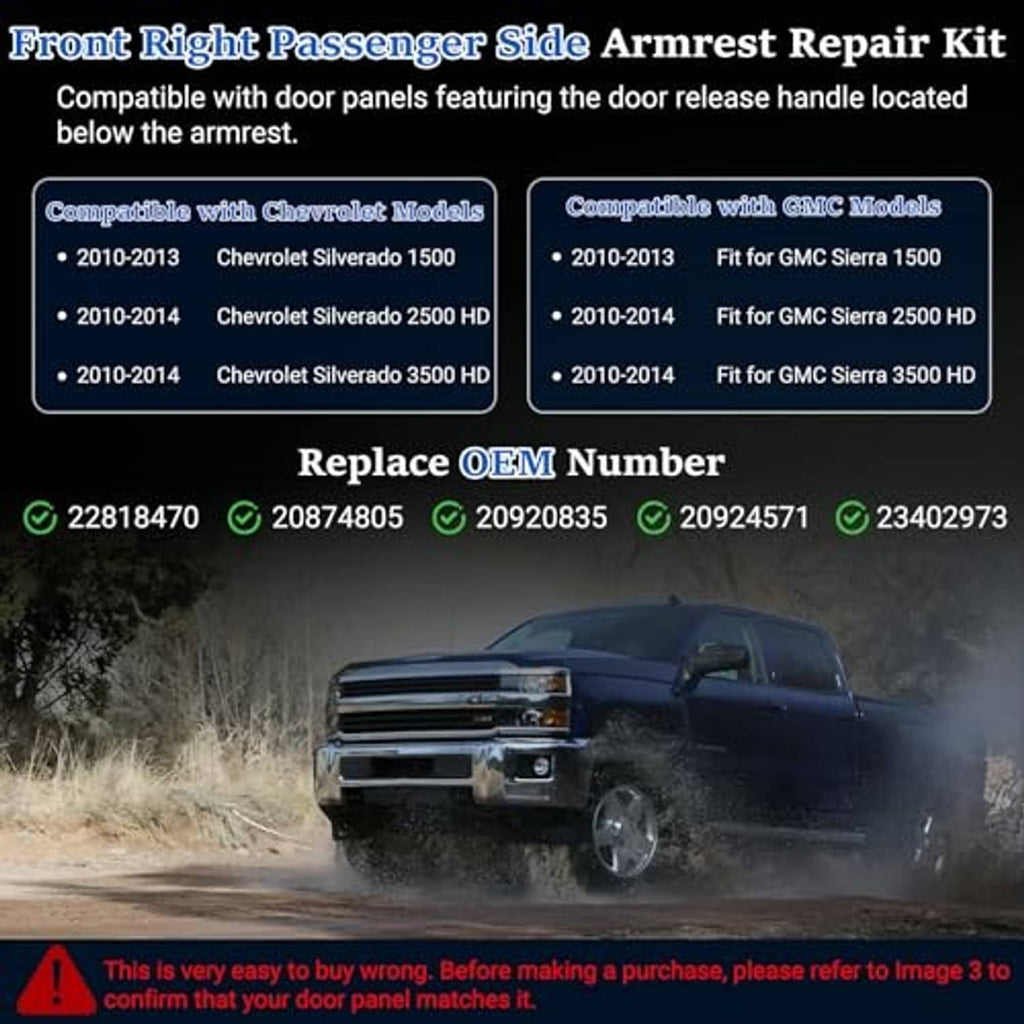 Front passenger armrest repair kit listing with compatible OAM numbers and hardware pictured