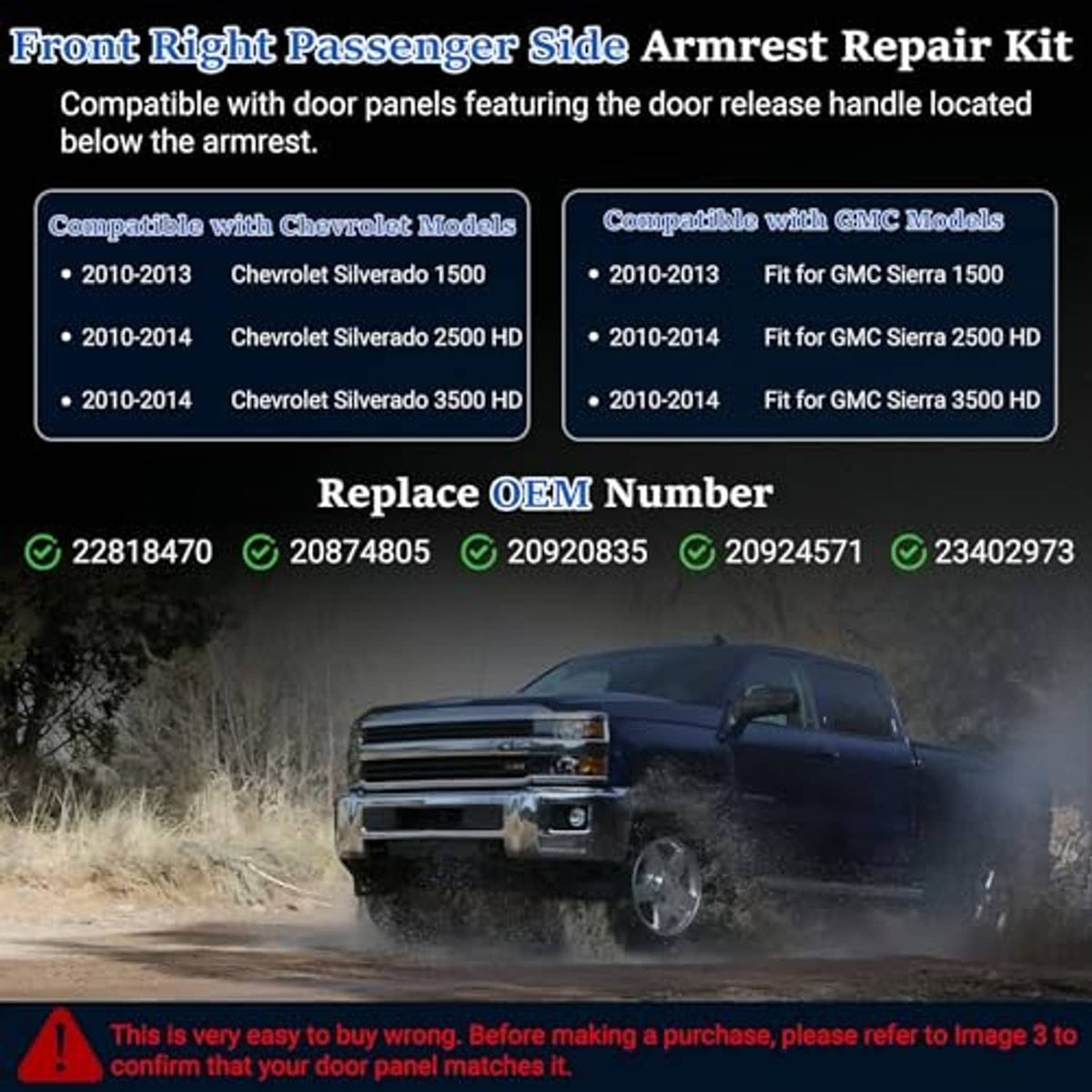 Front passenger armrest repair kit listing with compatible OAM numbers and hardware pictured