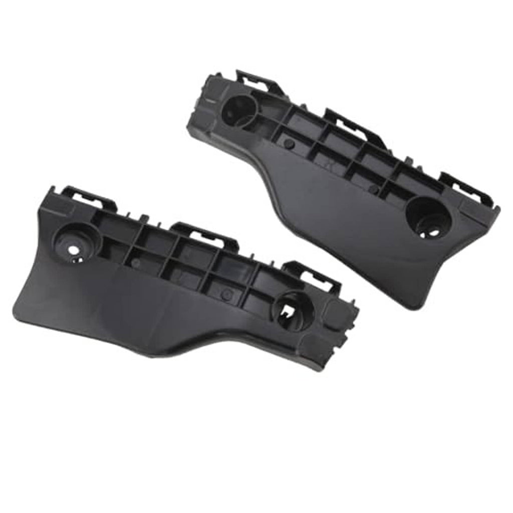 Pair of black plastic front bumper brackets with mounting slots and round holes