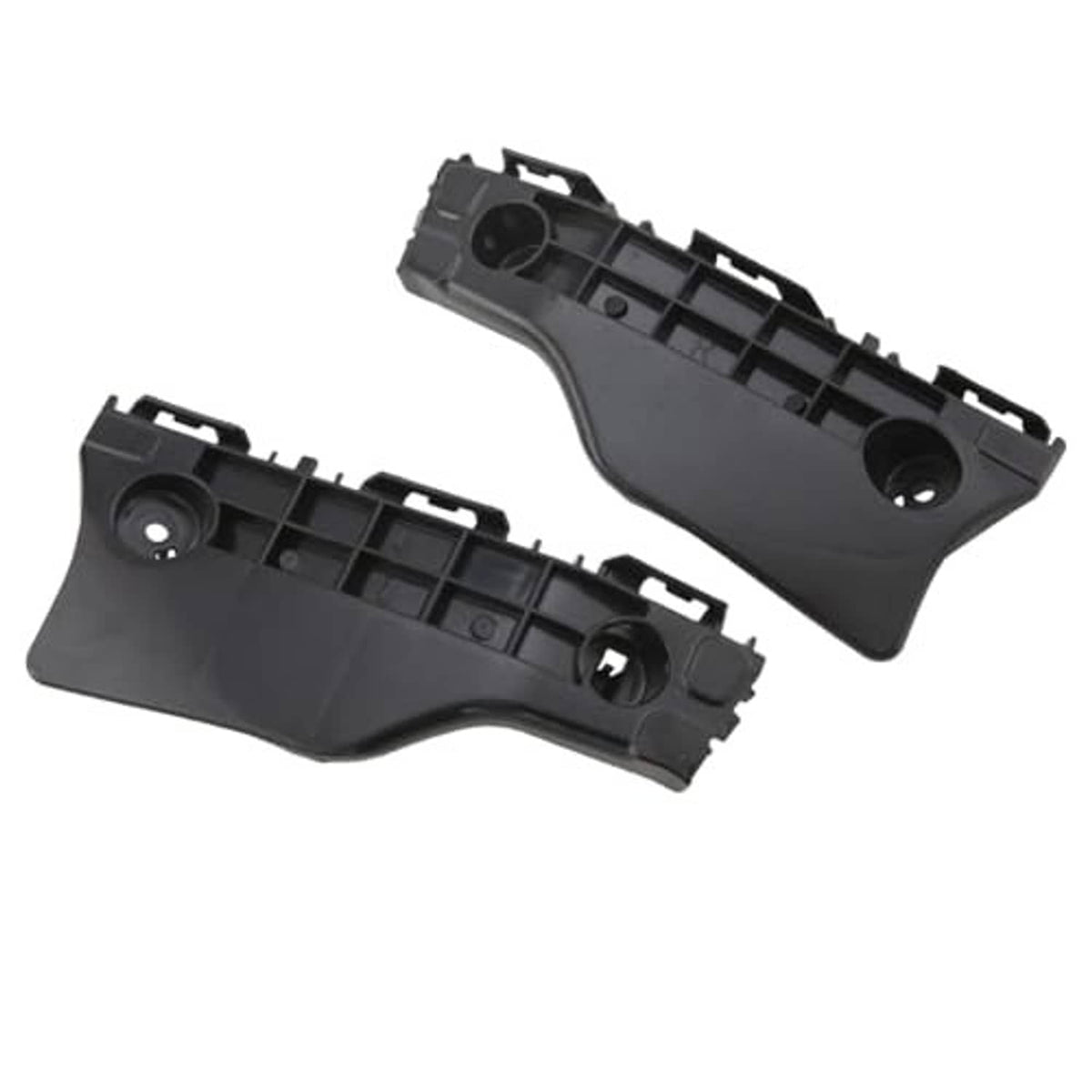 Pair of black plastic front bumper brackets with mounting slots and round holes