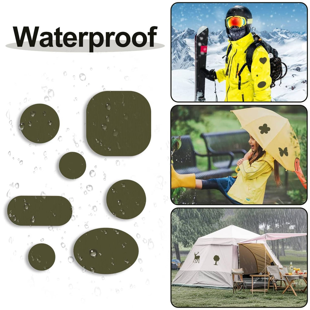 Army green down jacket repair patches with water-beading fabric droplets